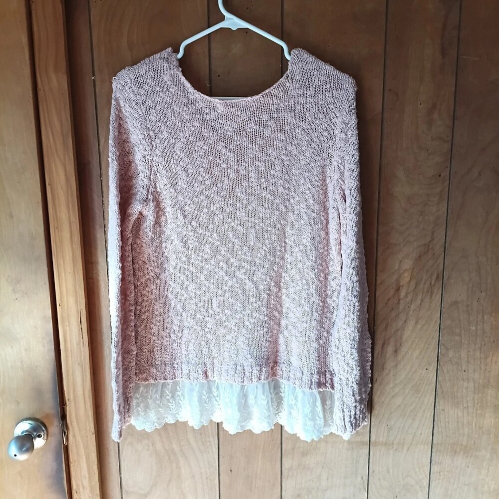 Oh MG! Womens XL Pink Eyelash Knit Sweater Lace Hem Soft Cozy Boutique Pullover - Picture 6 of 6
